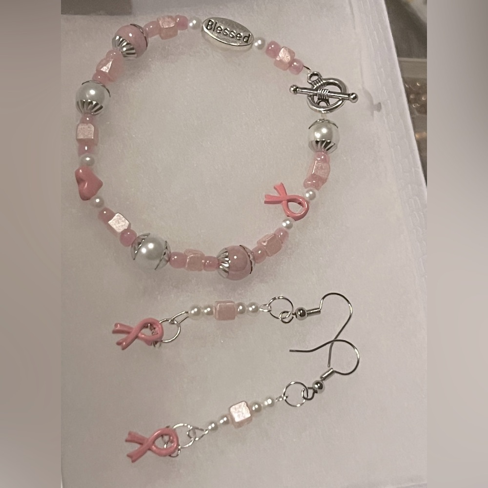 Custom - handmade breast cancer awareness Bracelet and Earrings- No Nickel